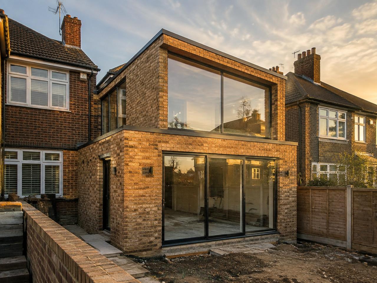 Modern brick house extension with large glass panels